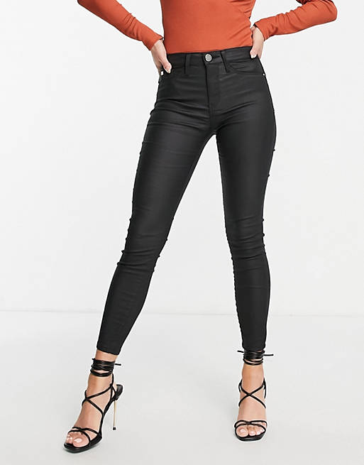 spiraal via haak River Island Petite waxed coated skinny jeans in black | ASOS