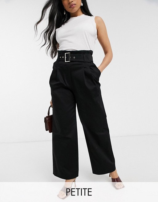 River Island Petite wide leg belted trousers in black