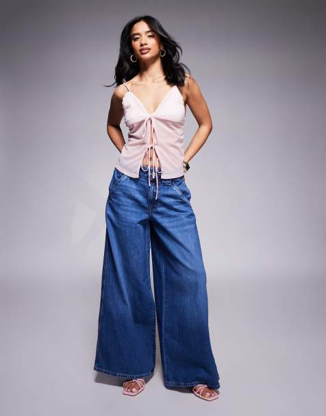 River Island Petite wide leg jeans with elastic back in midwash blue - view 1