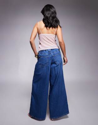 River Island Petite Wide Leg Jeans With Elastic Back In Blue