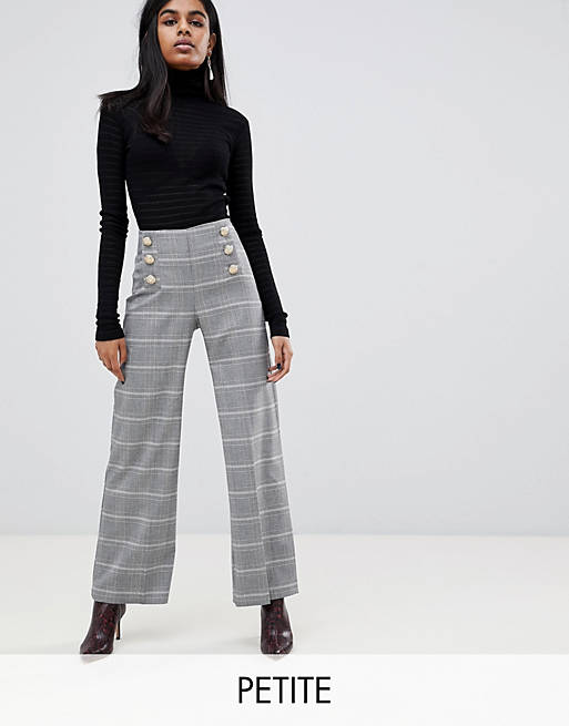 River Island Petite wide leg pants with button front in gray check