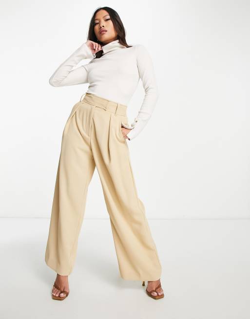 River Island Petite wide leg tailored dad pants in beige