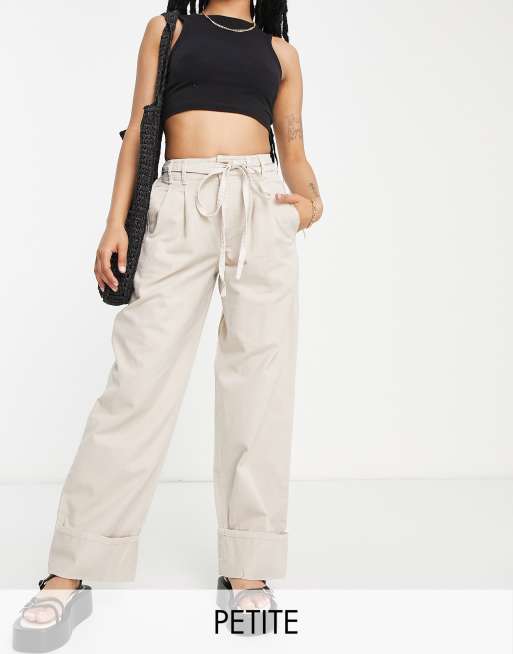 River Island Petite wide leg twill trouser in cream