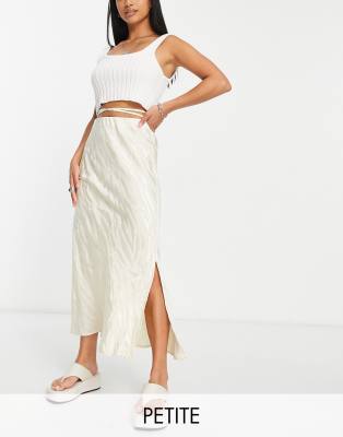 River Island Petite wrap detail satin midi skirt in beige animal jacquard