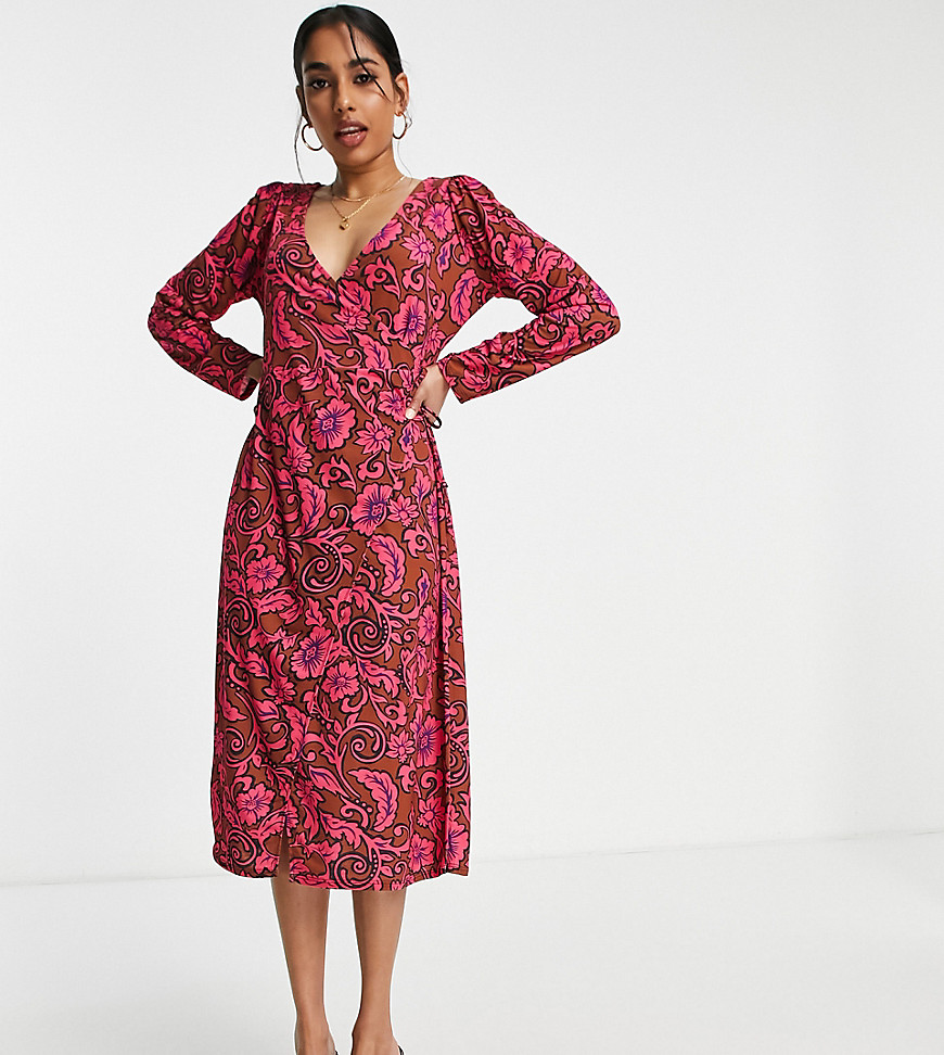 wrap midi dress in pink floral