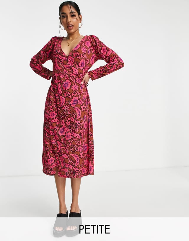 River Island Petite wrap midi dress in pink floral