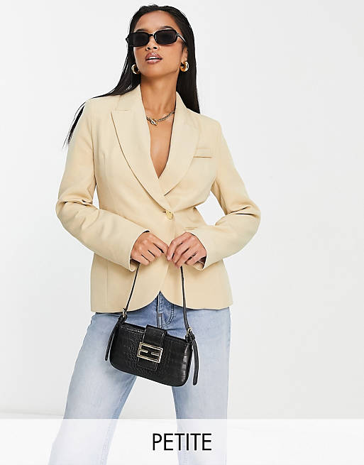 River Island Petite wrap over cinched blazer in beige (part of a set)