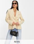 River Island Petite wrap over cinched blazer in beige (part of a set)-Neutral