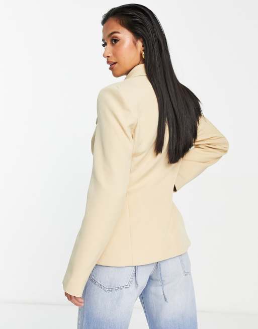 River Island Petite wrap over cinched blazer in beige (part of a set), 3 of 4