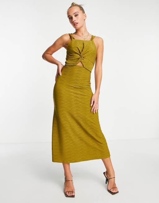 River Island Petite – Zielona sukienka midi z wycięciem i ozdobnym węzłem z fakturowanego materiału