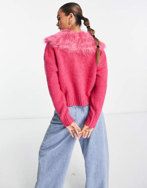 River Island - Pink cardigan med krave i imiteret pels, 2 af 4