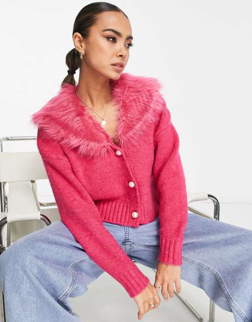River Island - Pink cardigan med krave i imiteret pels, 4 af 4
