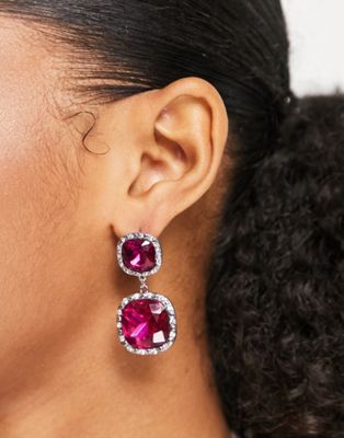 River Island pink jewel drop earrings in rhodium tone