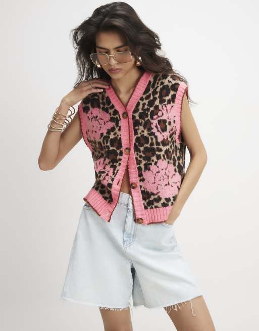 River Island Pink leopard print knitted waistcoat in multi colour, 2 of 4