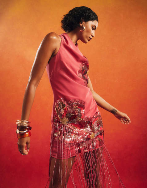 River Island Pink sequin tassel mini dress in orange