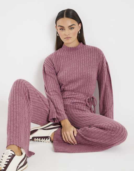 River Island Pink tie waist ribbed cosy lounge set in red - dark