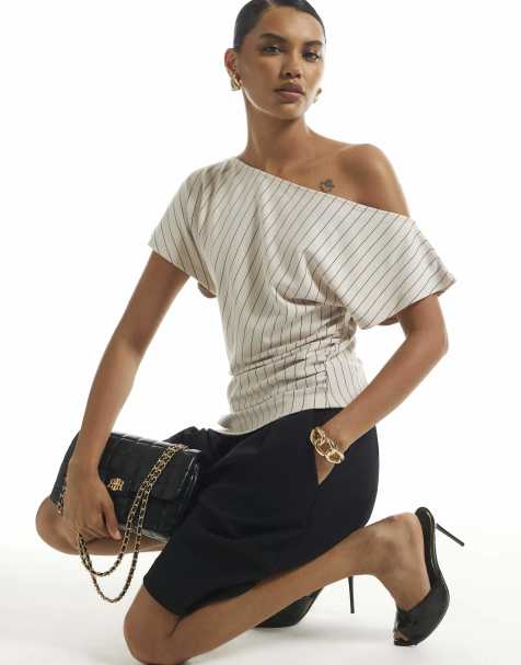 River Island Pinstripe asymmetric drape top in beige - view 1