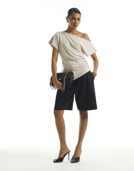 River Island Pinstripe asymmetric drape top in beige, 3 of 4