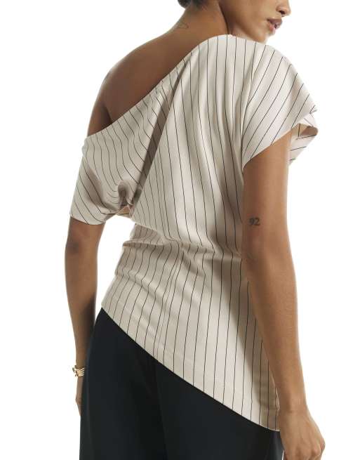 River Island Pinstripe asymmetric drape top in beige, 4 of 4