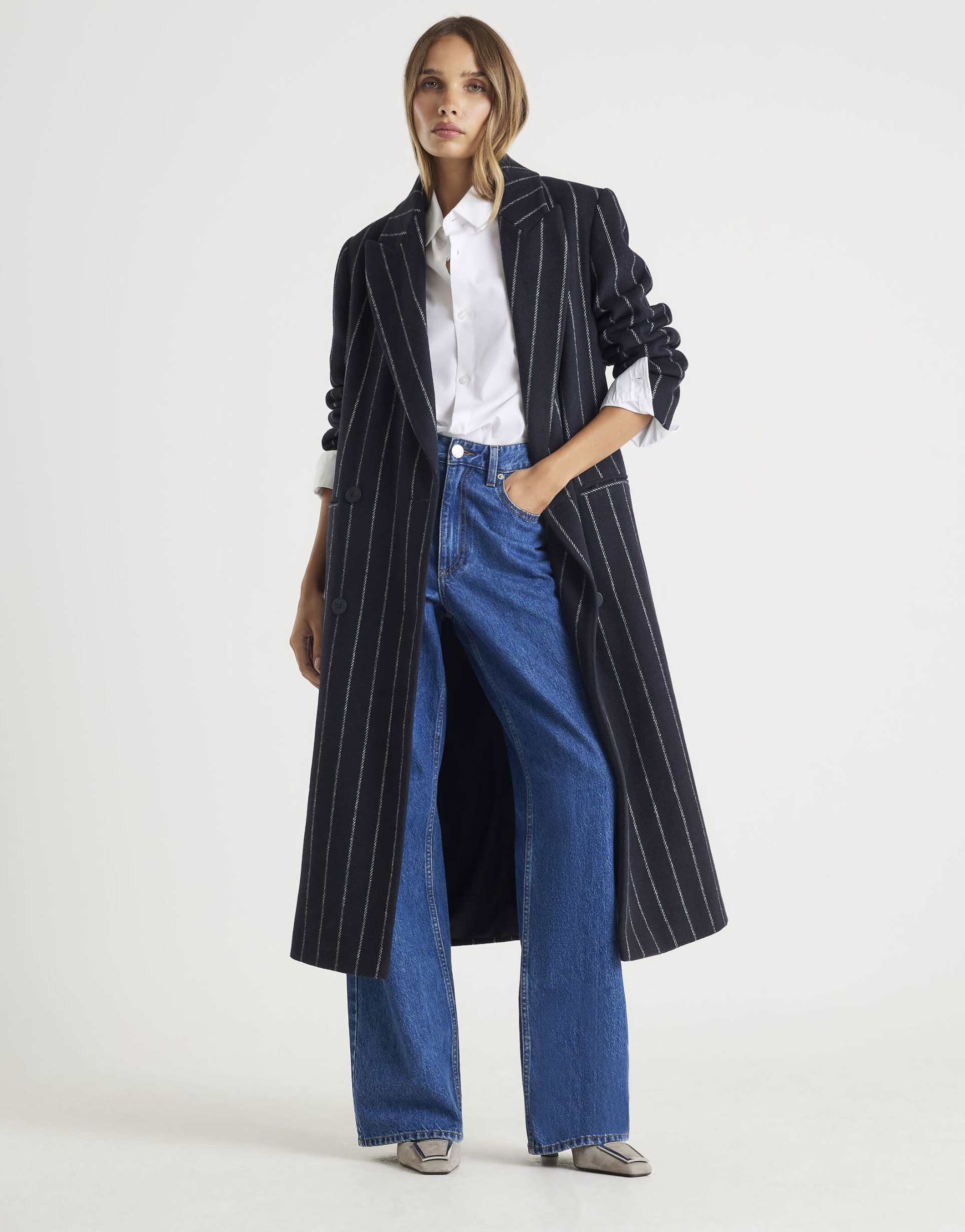 river island pinstripe double breasted coat in navy