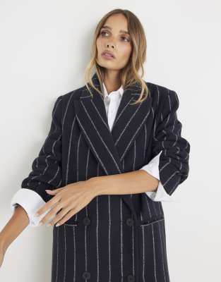 River Island Pinstripe Double Breasted Coat In Blue