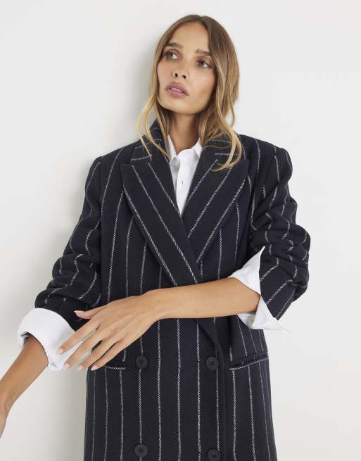 River Island pinstripe double-breasted coat in navy, 2 of 4