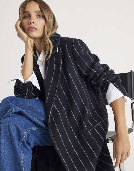 River Island pinstripe double-breasted coat in navy, 4 of 4