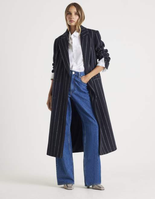 River Island Pinstripe double breasted coat in navy