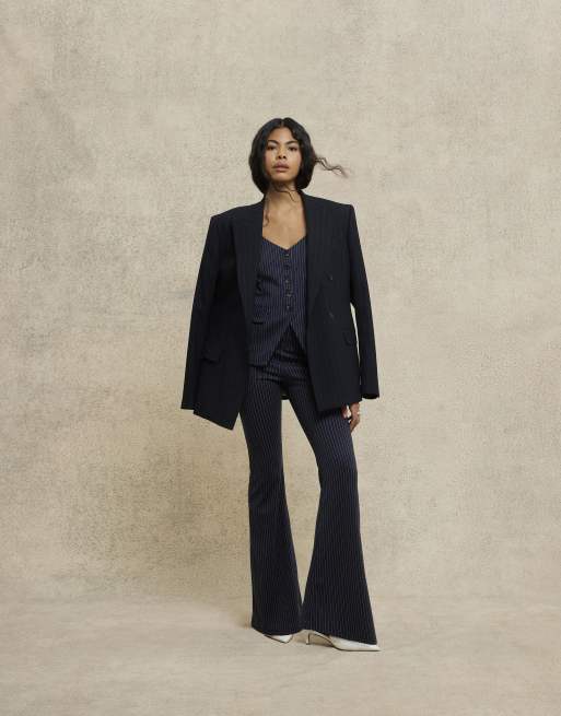 River Island Pinstripe flared trousers in navy