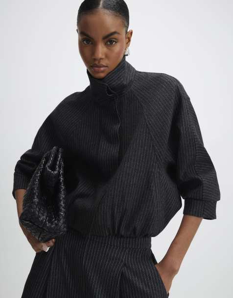 River Island Pinstripe funnel neck bomber jacket in grey - dark - view 1