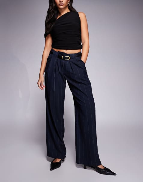 River Island pinstripe low waist belted trousers in navy
