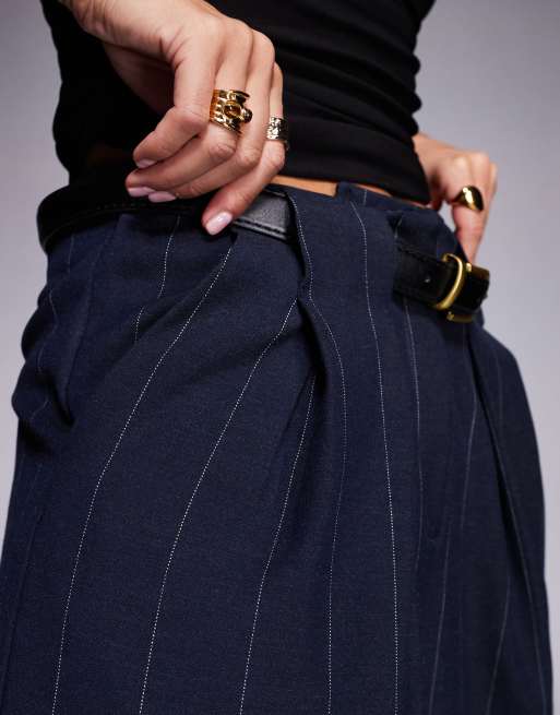 River Island pinstripe low waist belted pants in navy, 5 of 5