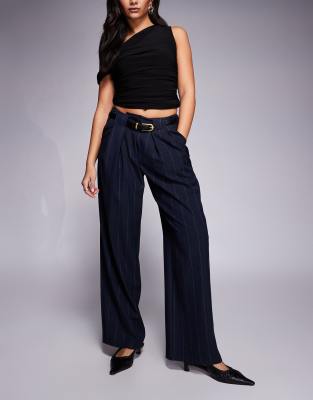 River Island pinstripe low waist belted trousers in navy