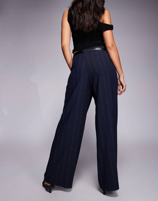 River Island pinstripe low waist belted trousers in navy, 2 of 5