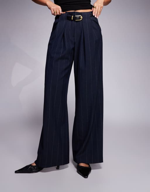River Island pinstripe low waist belted trousers in navy, 3 of 5