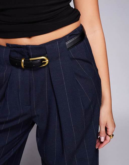 River Island pinstripe low waist belted trousers in navy, 4 of 5