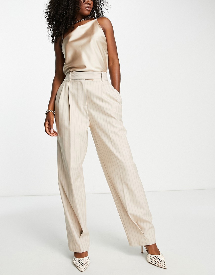 River Island pinstripe pleated pants in beige - part of a set-Neutral