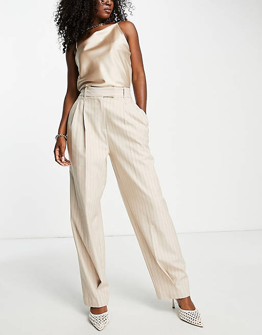 River Island pinstripe pleated pants in beige (part of a set)