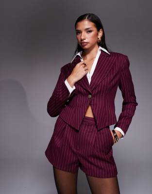 River Island Pinstripe Tailored Short In Burgundy