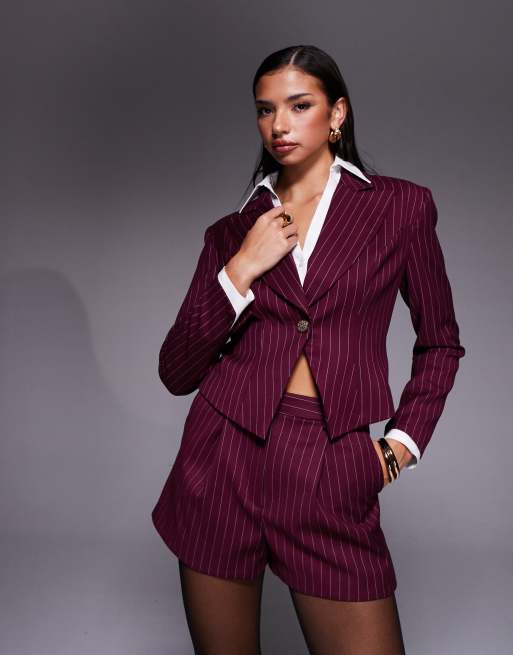 River Island pinstripe tailored short in dark red, 2 of 5