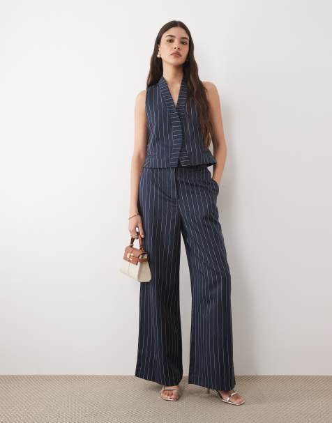 River Island pinstripe waistcoat and wide leg tailored pants in navy - view 1
