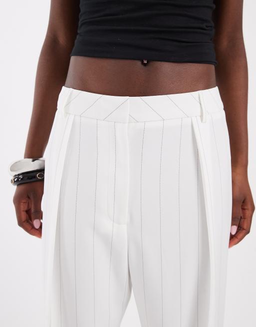River Island pinstripe wide leg tailored pants in cream, 3 of 5