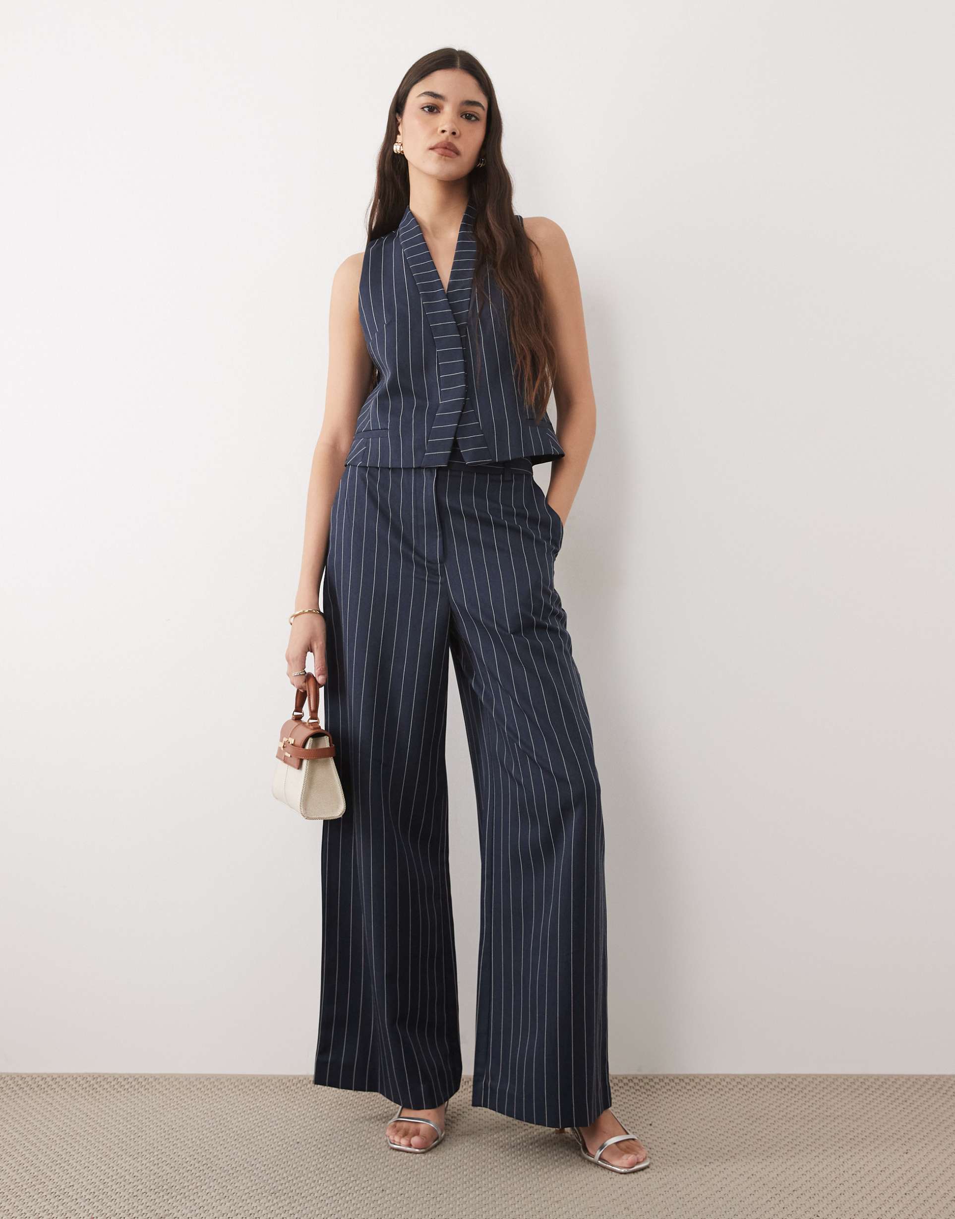 river island pinstripe wide leg tailored pants in navy