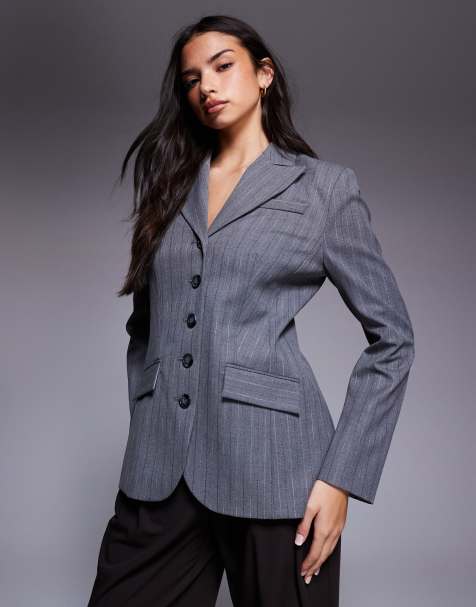 River Island pinstriped blazer in dark gray - view 1