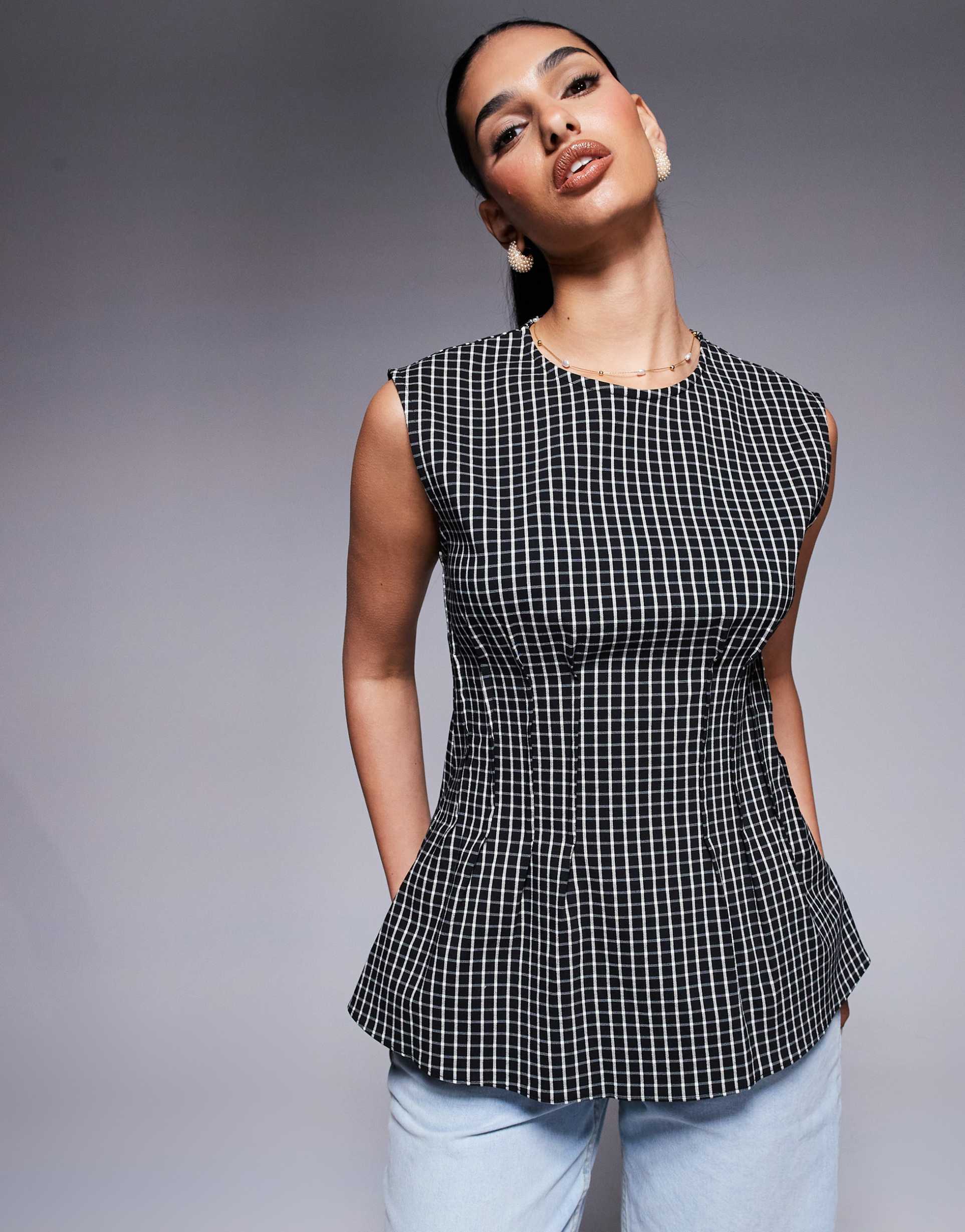 river island pintuck check poplin top in black