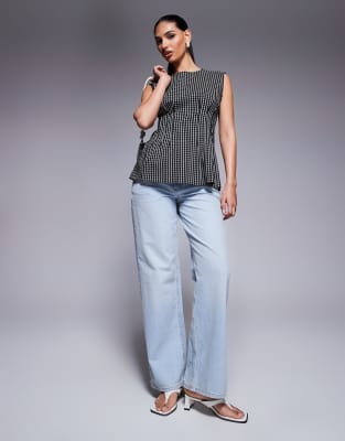 River Island Pintuck Check Poplin Top In Black
