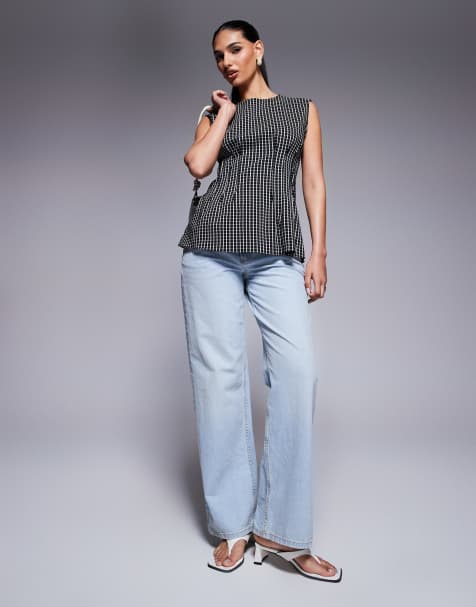 River Island pintuck check poplin top in black - view 1