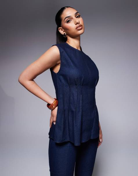 River Island pintuck denim top in darkwash blue  - view 1