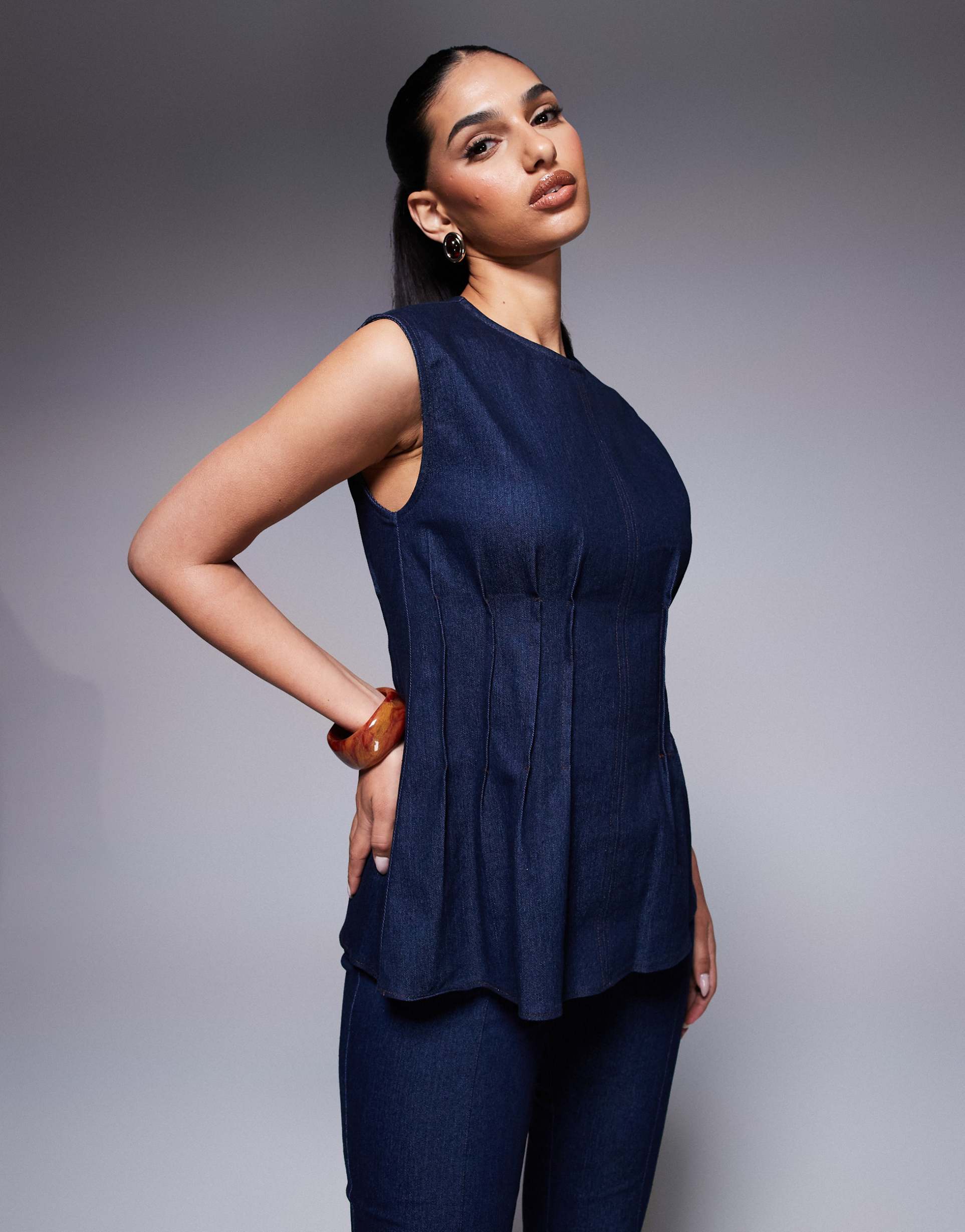 river island pintuck denim top in darkwash blue