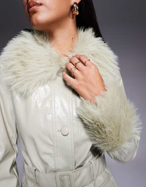 River Island – Pistacjowozielony winylowy trencz obszyty sztucznym futrem, 2 z 4